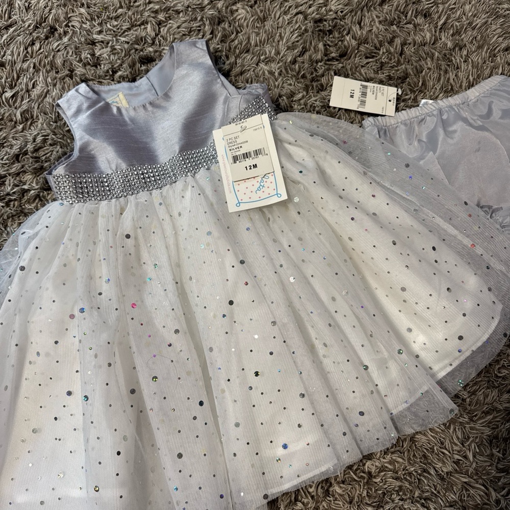 Marmellata Girls White Silver Formal Satin Tutu Dress Gown Sz 12 mo Wedding